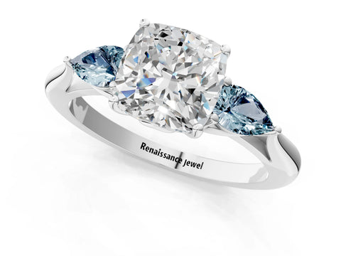 White gold Cushion Cut Diamond Three-Stone Ring with Pear with Aquamarine side stone Side Stones and Prong Setting_25