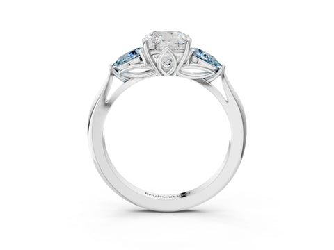 White gold Cushion Cut Diamond Three-Stone Ring with Pear with Aquamarine side stone Side Stones and Prong Setting_27