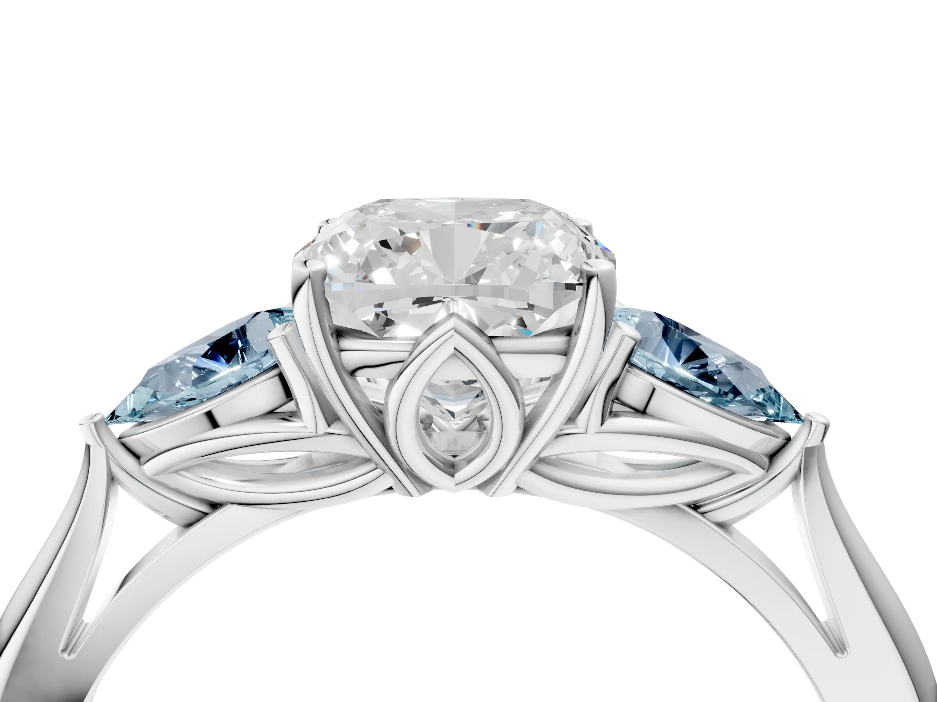 White gold Cushion Cut Diamond Three-Stone Ring with Pear with Aquamarine side stone Side Stones and Prong Setting_28
