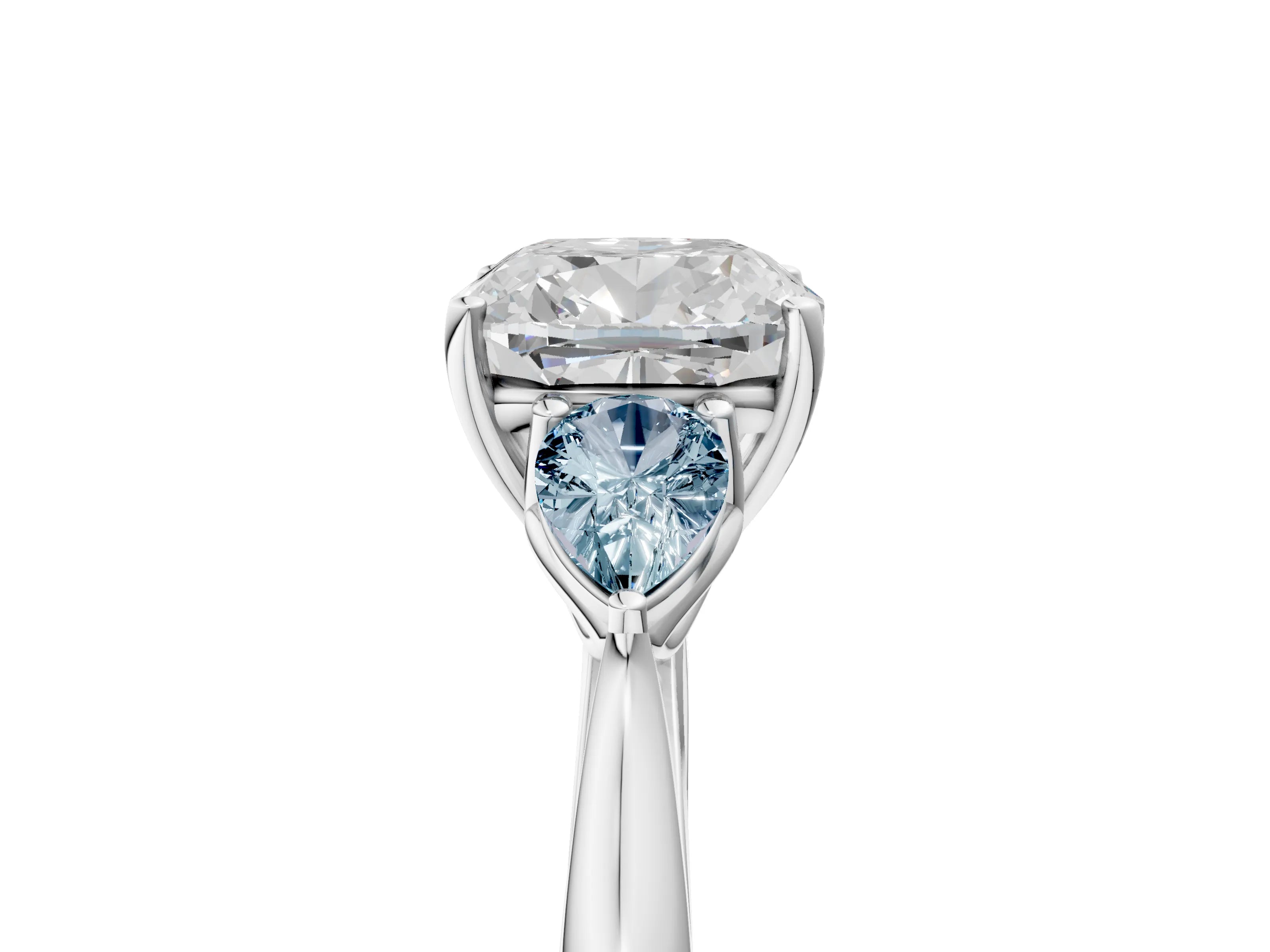 White gold Cushion Cut Diamond Three-Stone Ring with Pear with Aquamarine side stone Side Stones and Prong Setting_29