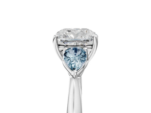 White gold Cushion Cut Diamond Three-Stone Ring with Pear with Aquamarine side stone Side Stones and Prong Setting_29