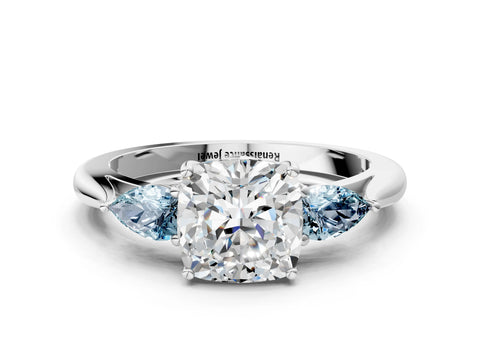 White gold Cushion Cut Diamond Three-Stone Ring with Pear with Aquamarine side stone Side Stones and Prong Setting_48