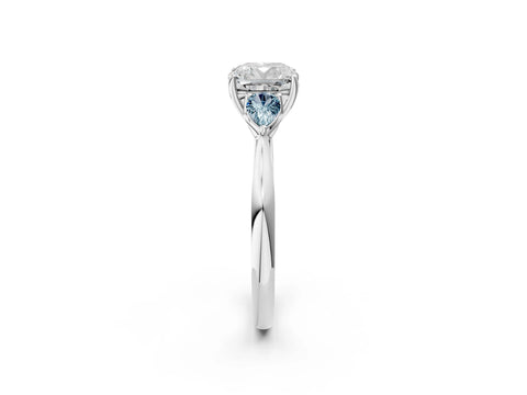White gold Cushion Cut Diamond Three-Stone Ring with Pear with Aquamarine side stone Side Stones and Prong Setting_50