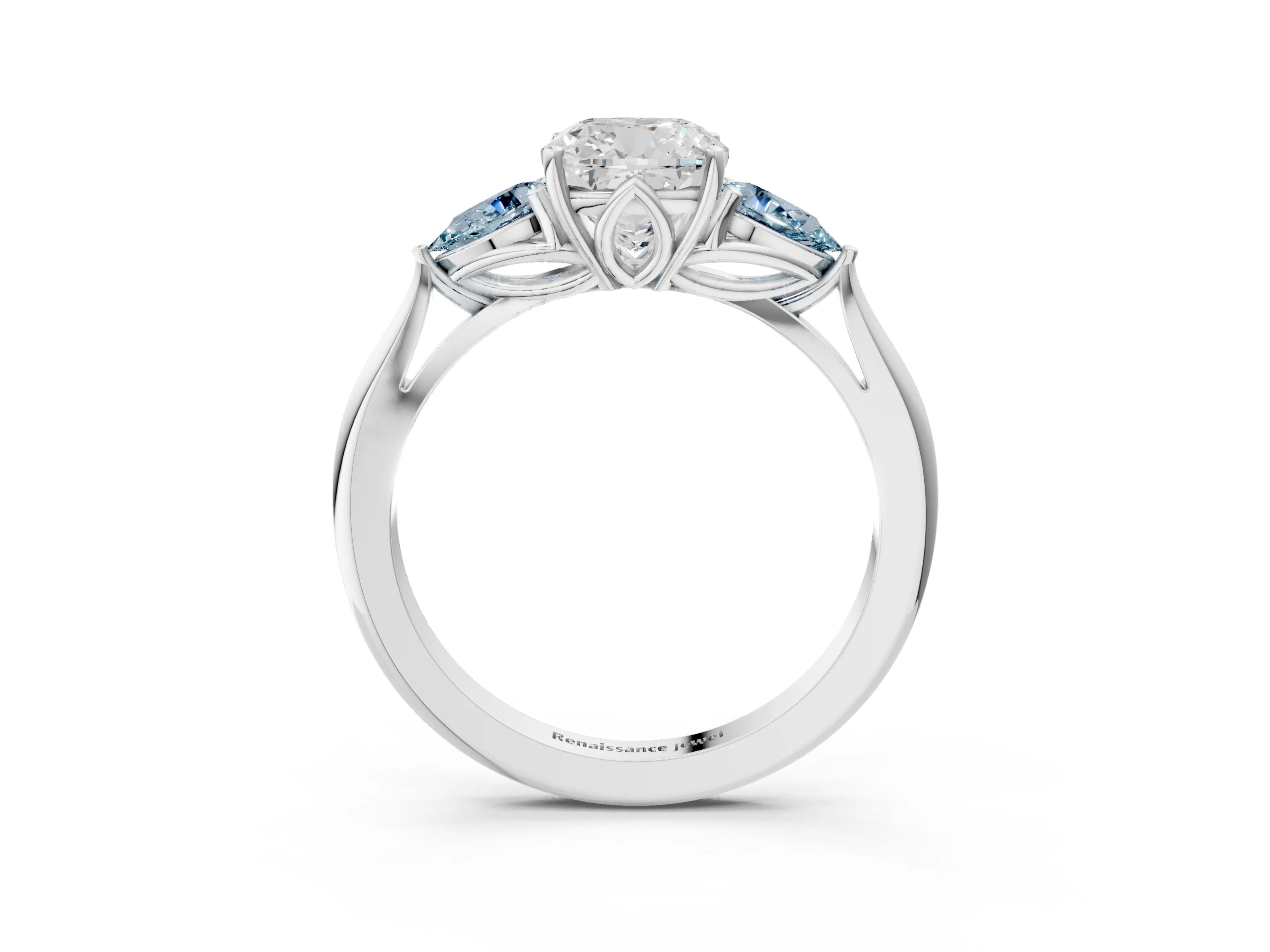 White gold Cushion Cut Diamond Three-Stone Ring with Pear with Aquamarine side stone Side Stones and Prong Setting_51