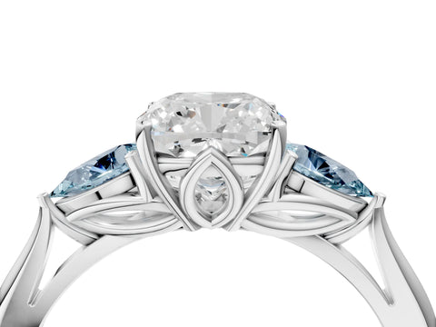 White gold Cushion Cut Diamond Three-Stone Ring with Pear with Aquamarine side stone Side Stones and Prong Setting_52
