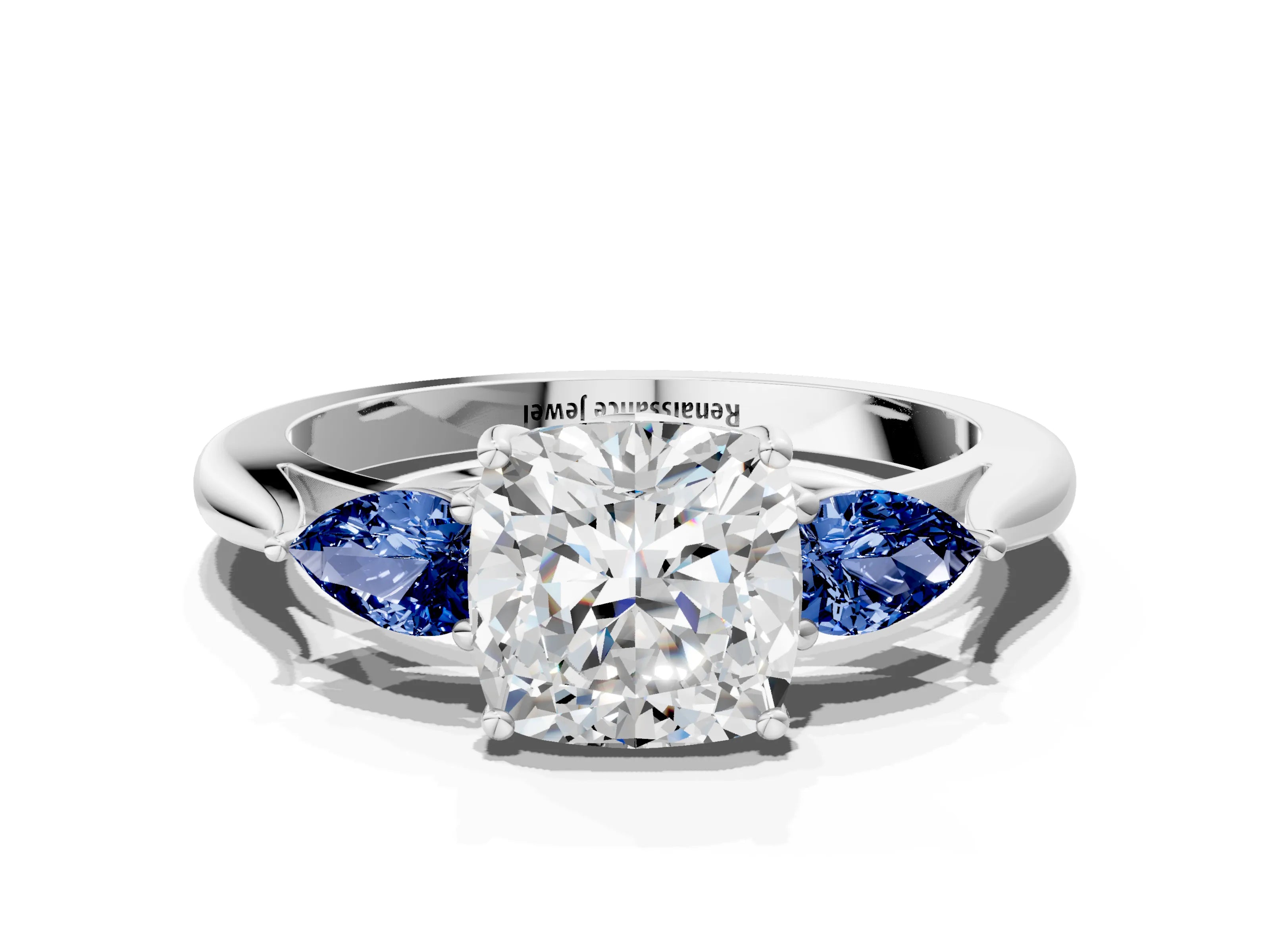 White gold Cushion Cut Diamond Three-Stone Ring with Pear with Blue Sapphire side stone Side Stones and Prong Setting_36
