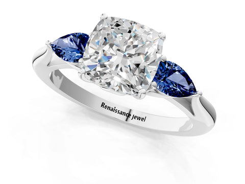 White gold Cushion Cut Diamond Three-Stone Ring with Pear with Blue Sapphire side stone Side Stones and Prong Setting_37