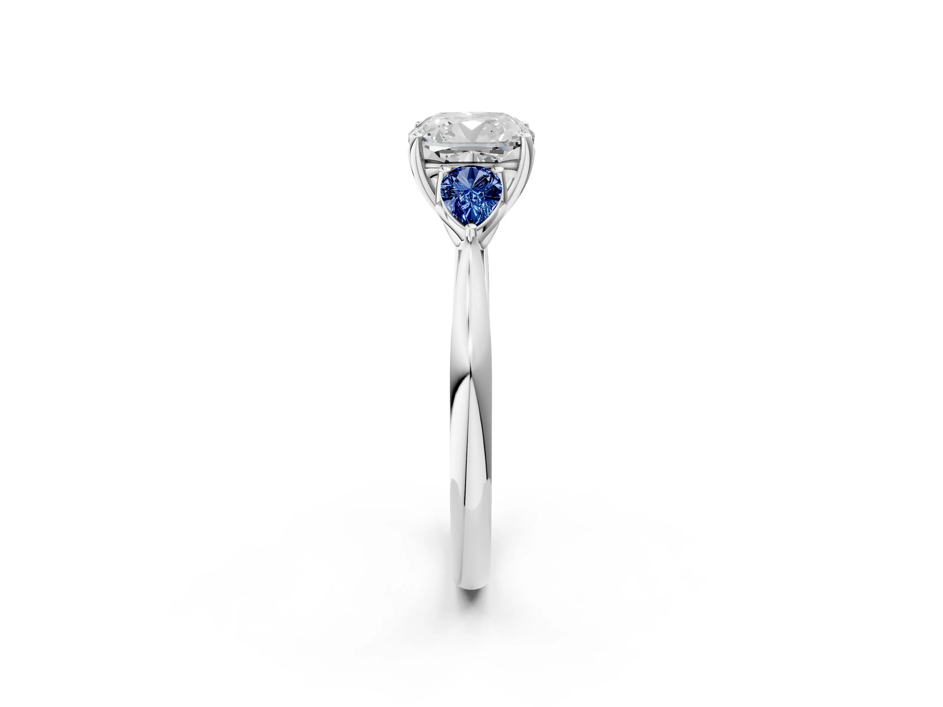 White gold Cushion Cut Diamond Three-Stone Ring with Pear with Blue Sapphire side stone Side Stones and Prong Setting_38
