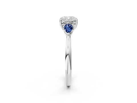 White gold Cushion Cut Diamond Three-Stone Ring with Pear with Blue Sapphire side stone Side Stones and Prong Setting_38