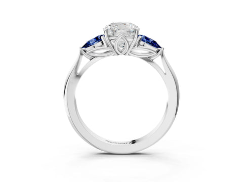 White gold Cushion Cut Diamond Three-Stone Ring with Pear with Blue Sapphire side stone Side Stones and Prong Setting_39