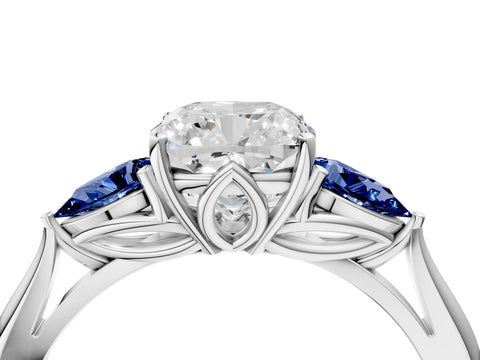 White gold Cushion Cut Diamond Three-Stone Ring with Pear with Blue Sapphire side stone Side Stones and Prong Setting_40
