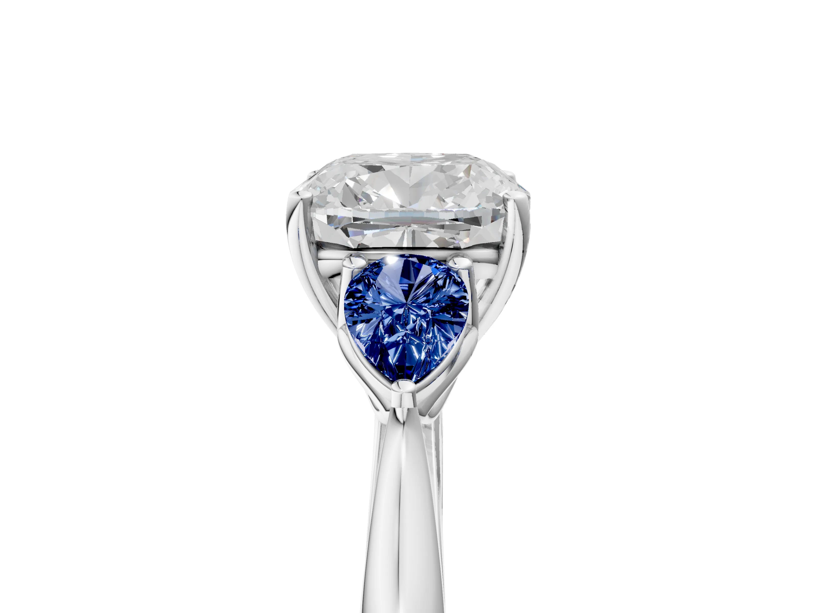 White gold Cushion Cut Diamond Three-Stone Ring with Pear with Blue Sapphire side stone Side Stones and Prong Setting_41