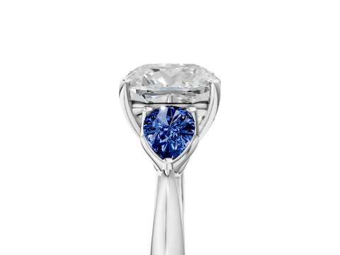White gold Cushion Cut Diamond Three-Stone Ring with Pear with Blue Sapphire side stone Side Stones and Prong Setting_41