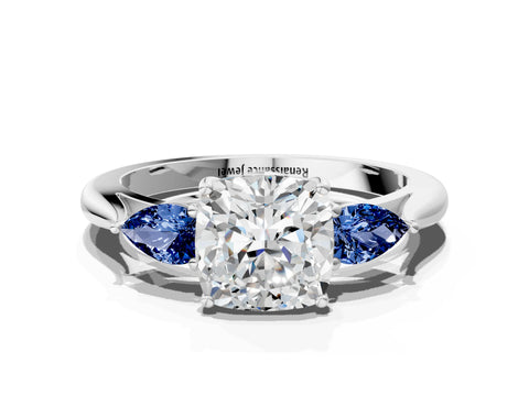 White gold Cushion Cut Diamond Three-Stone Ring with Pear with Blue Sapphire side stone Side Stones and Prong Setting_60