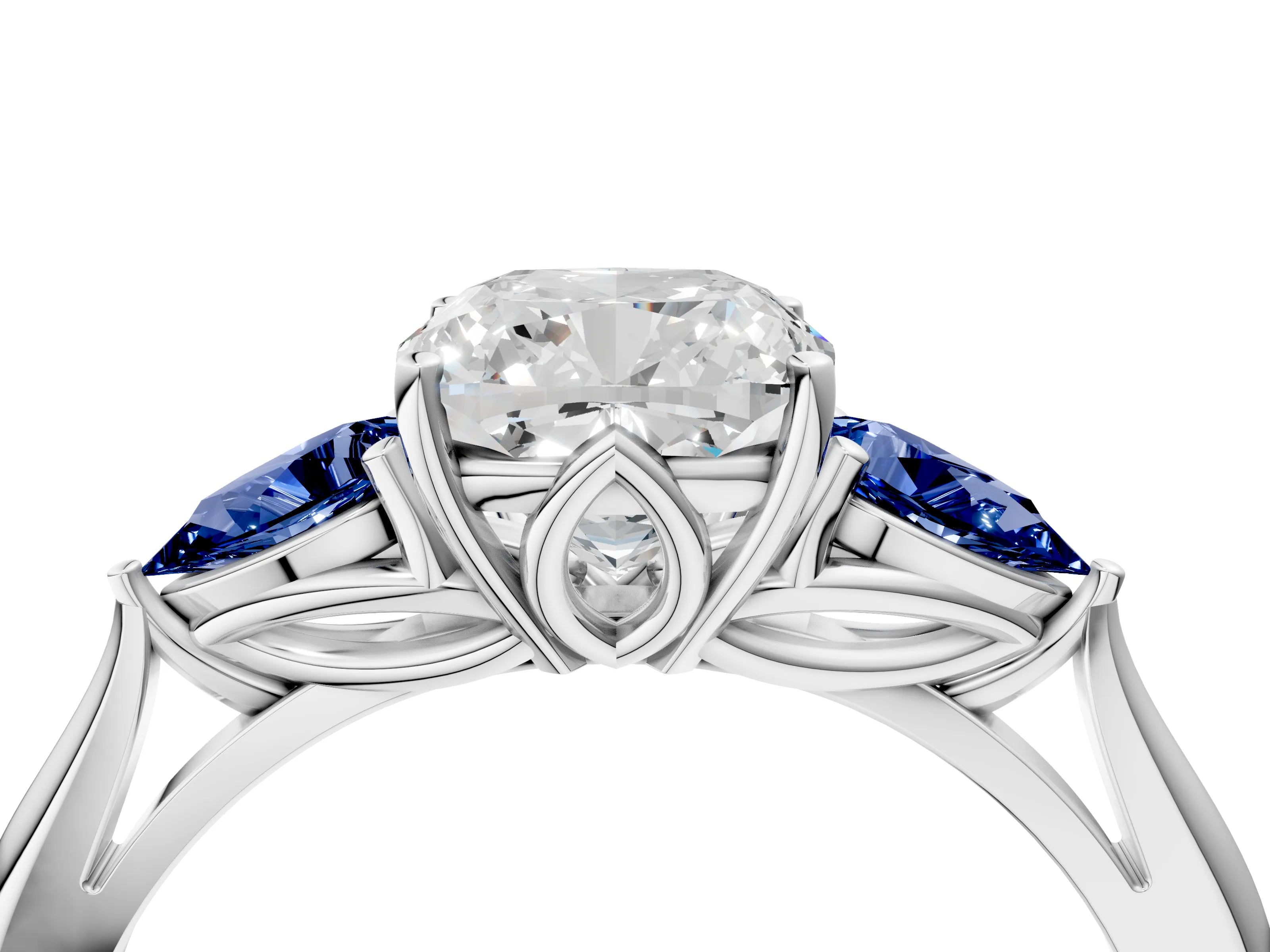 White gold Cushion Cut Diamond Three-Stone Ring with Pear with Blue Sapphire side stone Side Stones and Prong Setting_64