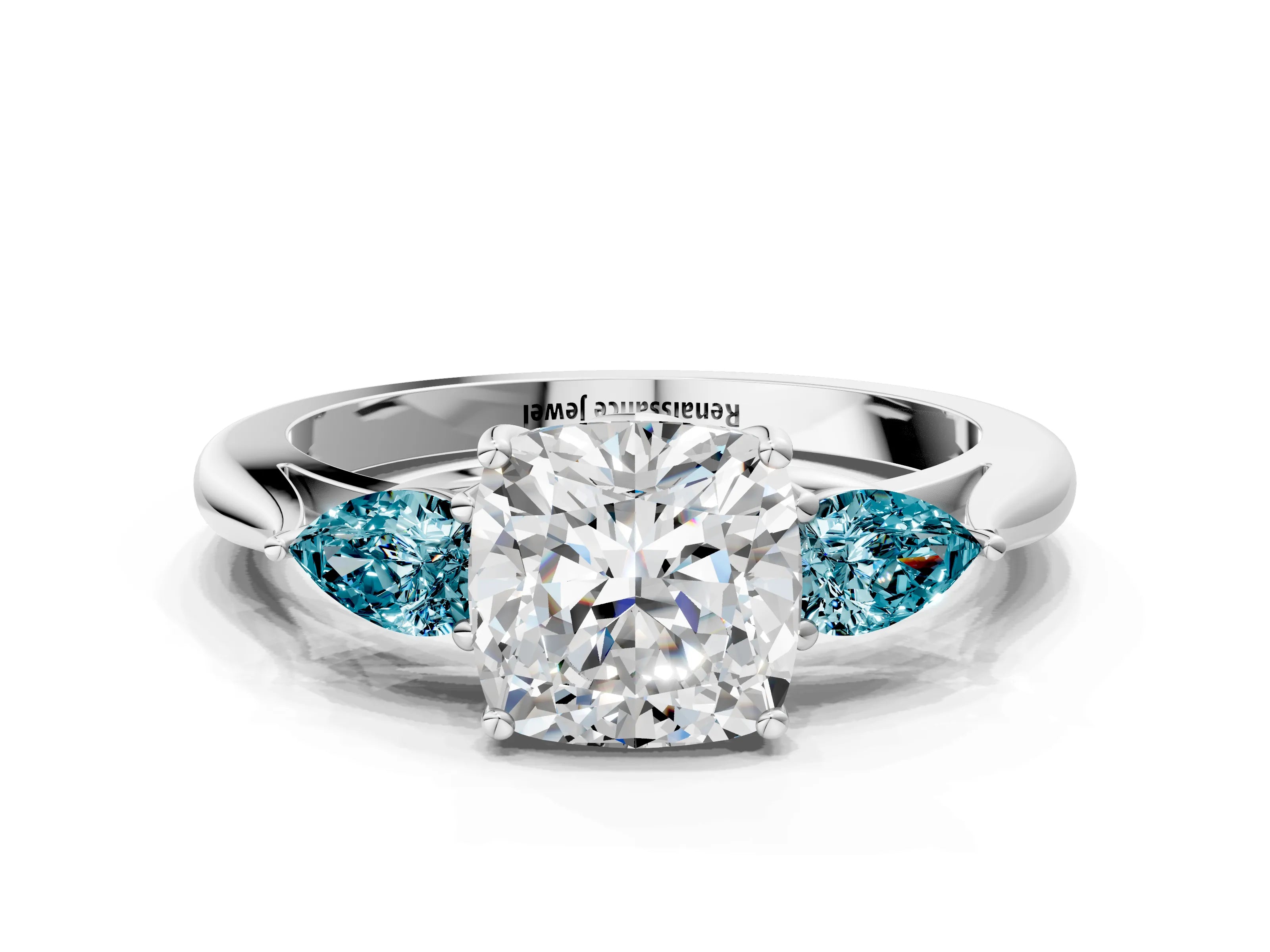 White gold Cushion Cut Diamond Three-Stone Ring with Pear with Blue Topaz side stone Side Stones and Prong Setting_36