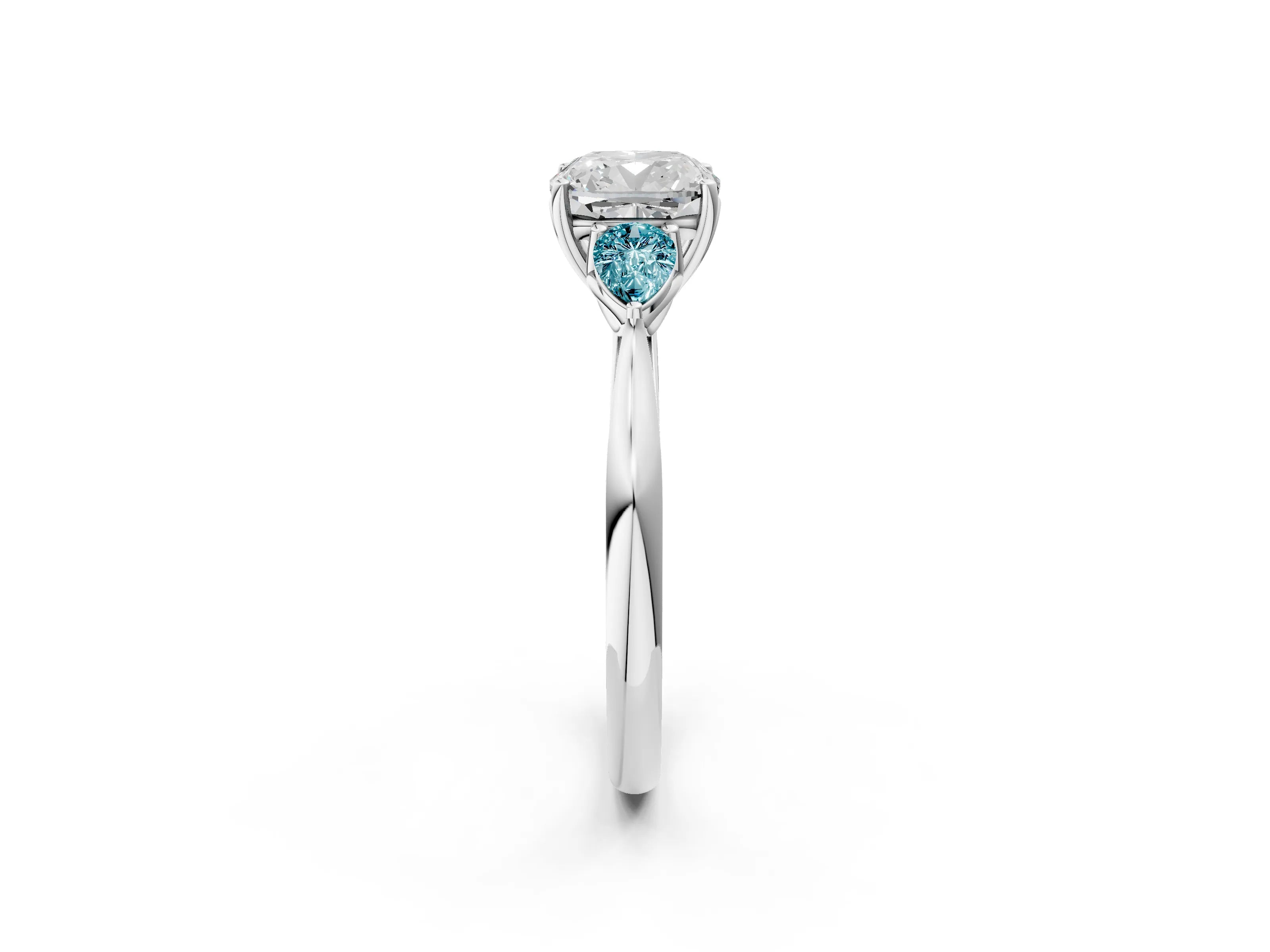 White gold Cushion Cut Diamond Three-Stone Ring with Pear with Blue Topaz side stone Side Stones and Prong Setting_38