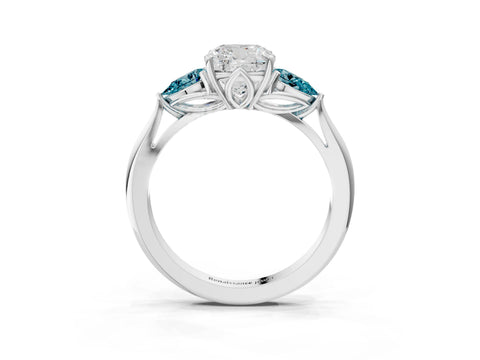 White gold Cushion Cut Diamond Three-Stone Ring with Pear with Blue Topaz side stone Side Stones and Prong Setting_39