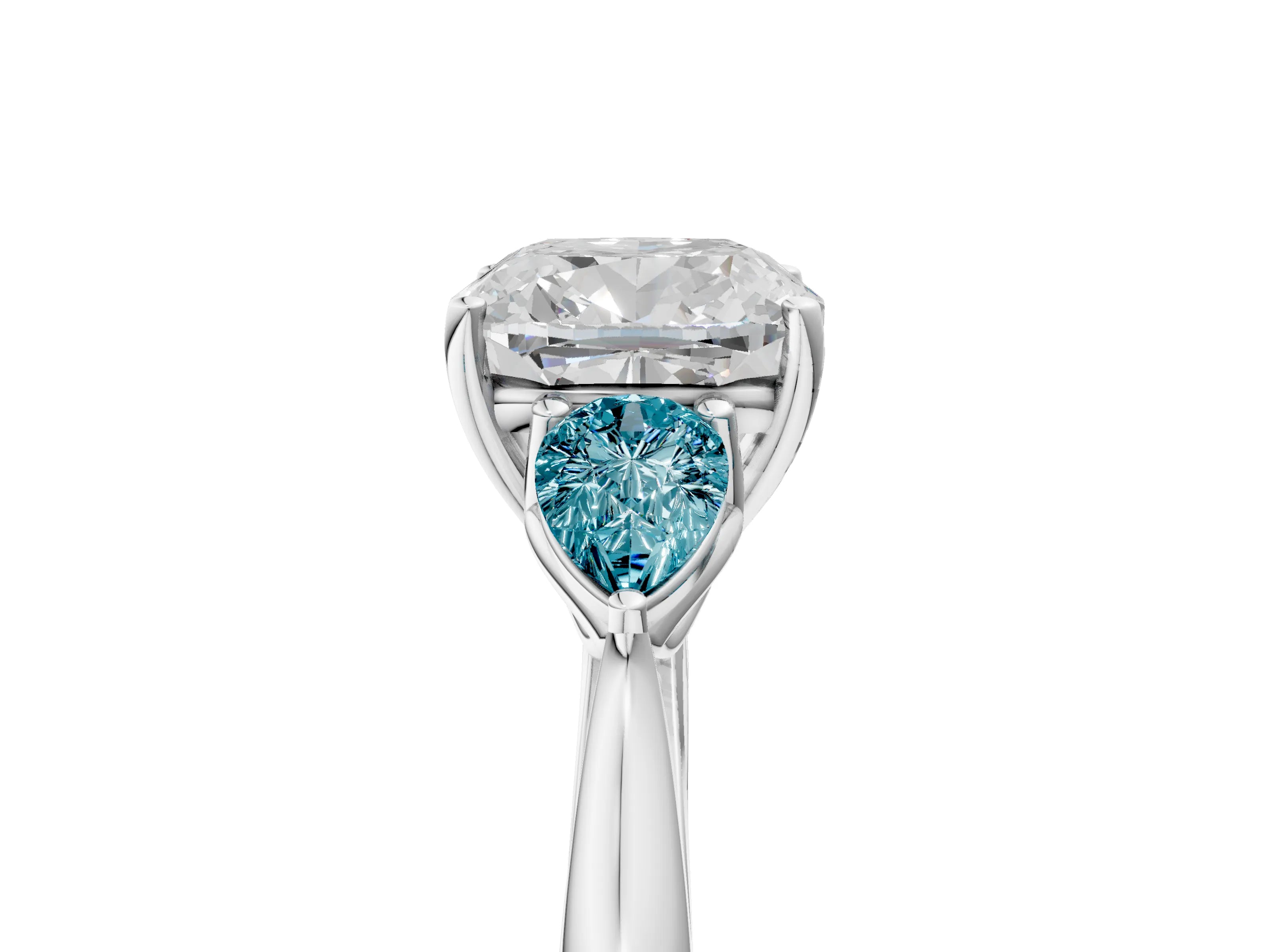White gold Cushion Cut Diamond Three-Stone Ring with Pear with Blue Topaz side stone Side Stones and Prong Setting_41
