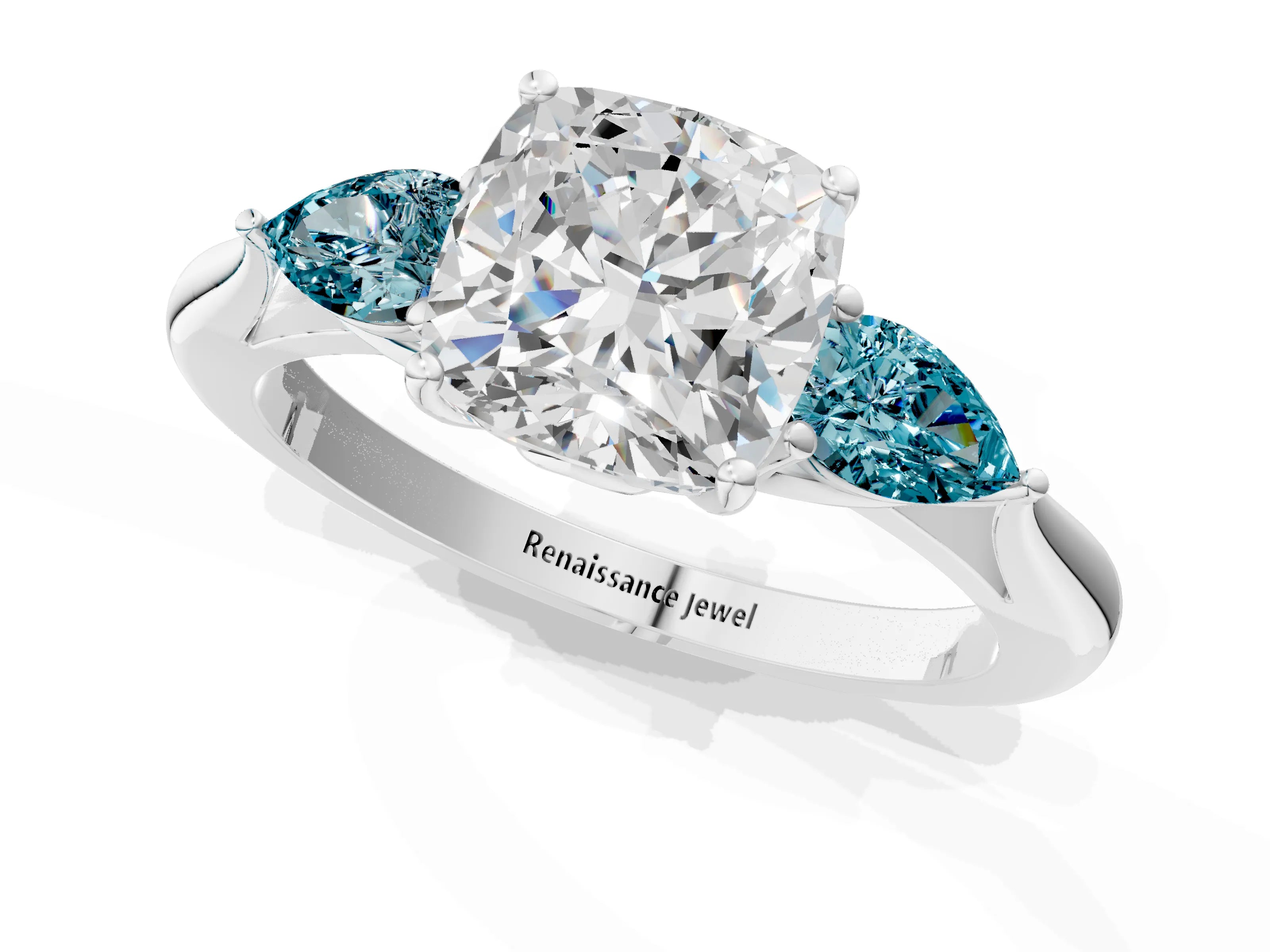 White gold Cushion Cut Diamond Three-Stone Ring with Pear with Blue Topaz side stone Side Stones and Prong Setting_61