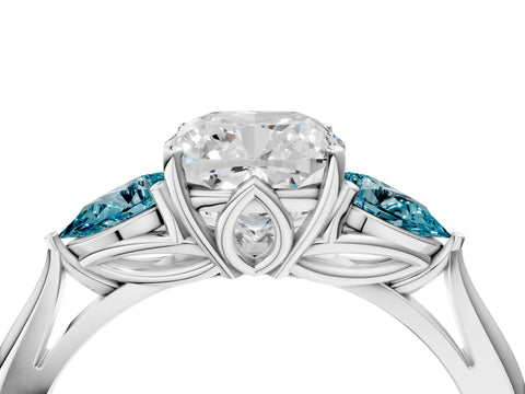 White gold Cushion Cut Diamond Three-Stone Ring with Pear with Blue Topaz side stone Side Stones and Prong Setting_64