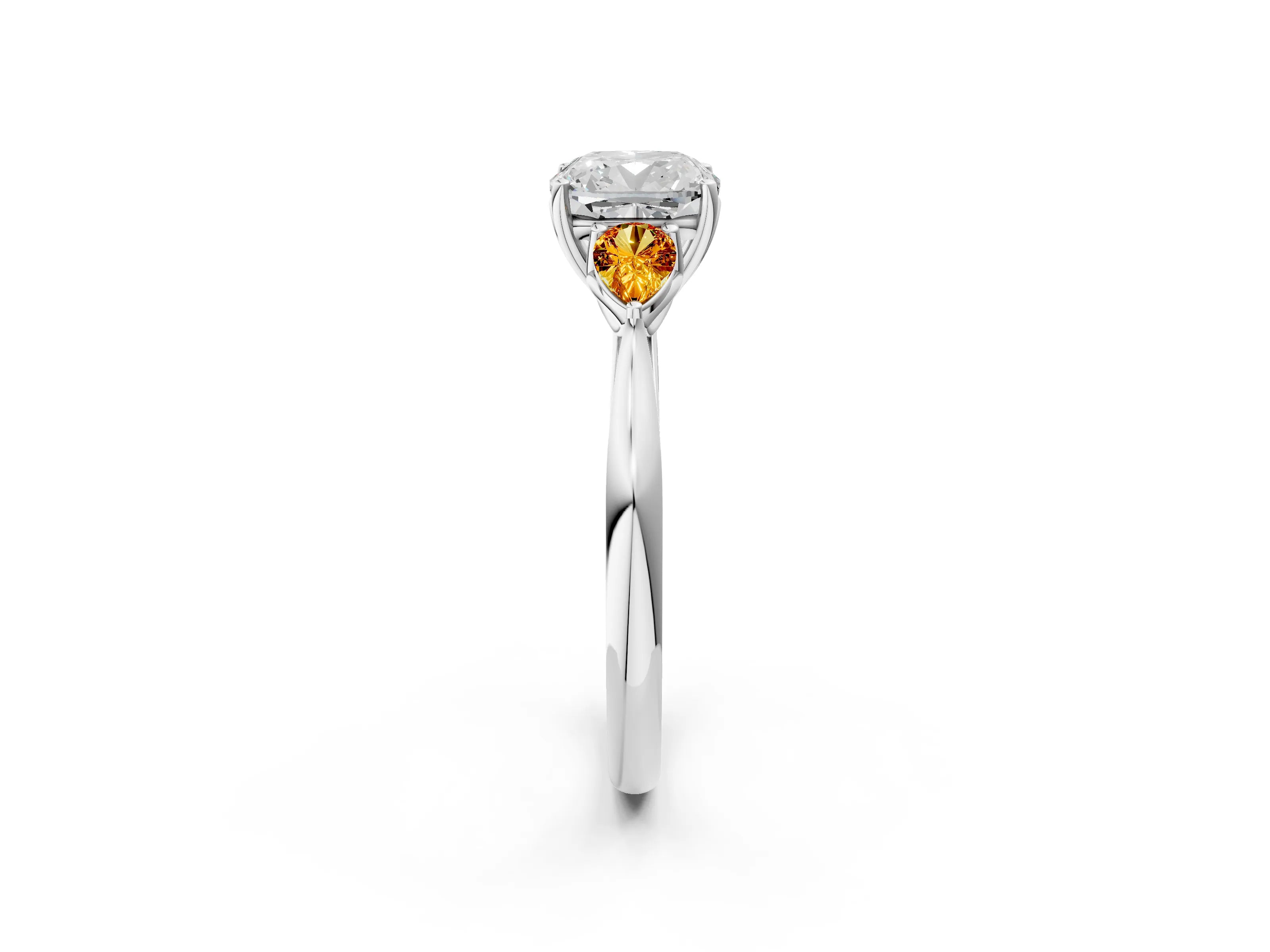 White gold Cushion Cut Diamond Three-Stone Ring with Pear with Citrine side stone Side Stones and Prong Setting_56
