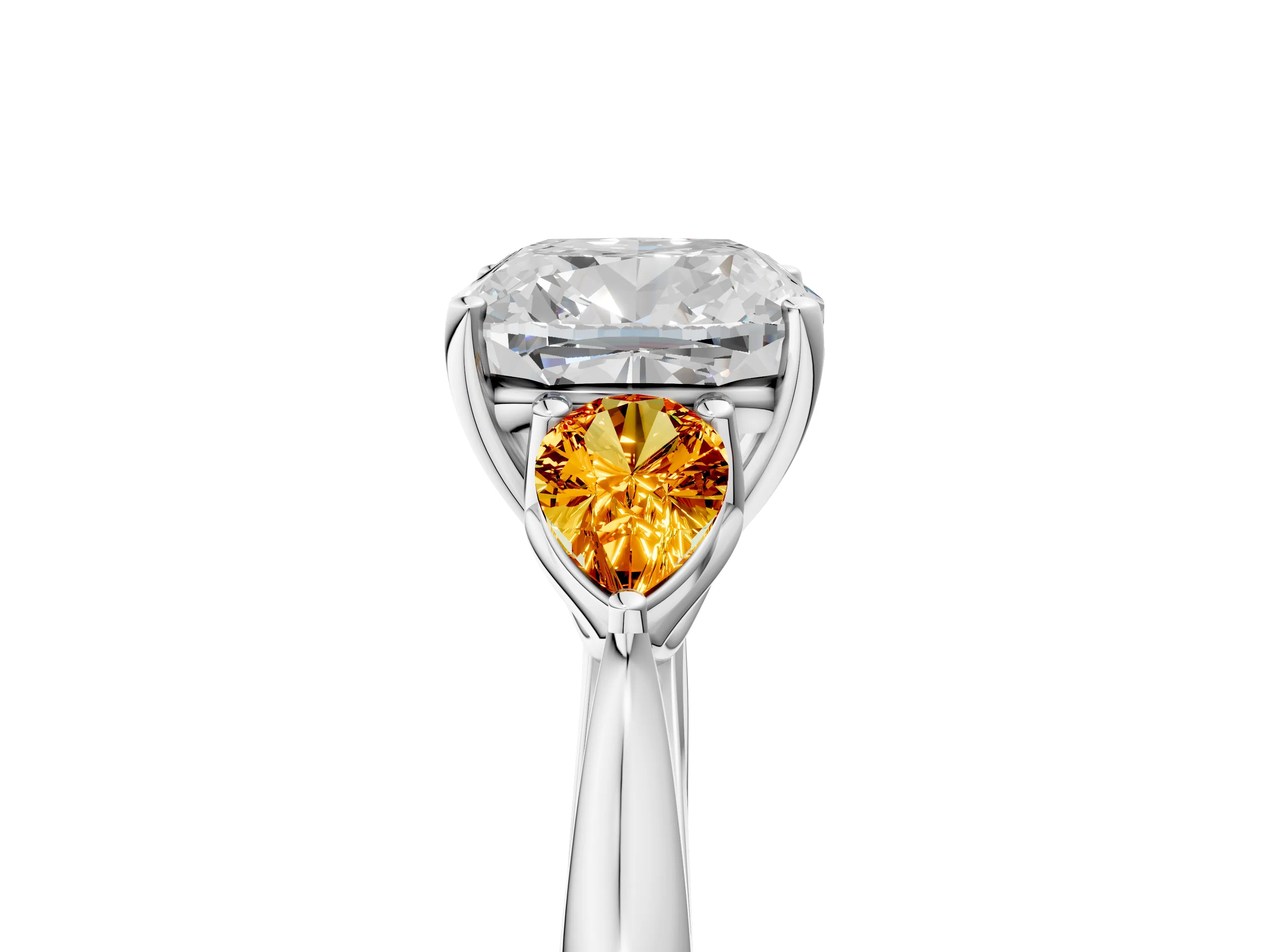 White gold Cushion Cut Diamond Three-Stone Ring with Pear with Citrine side stone Side Stones and Prong Setting_59
