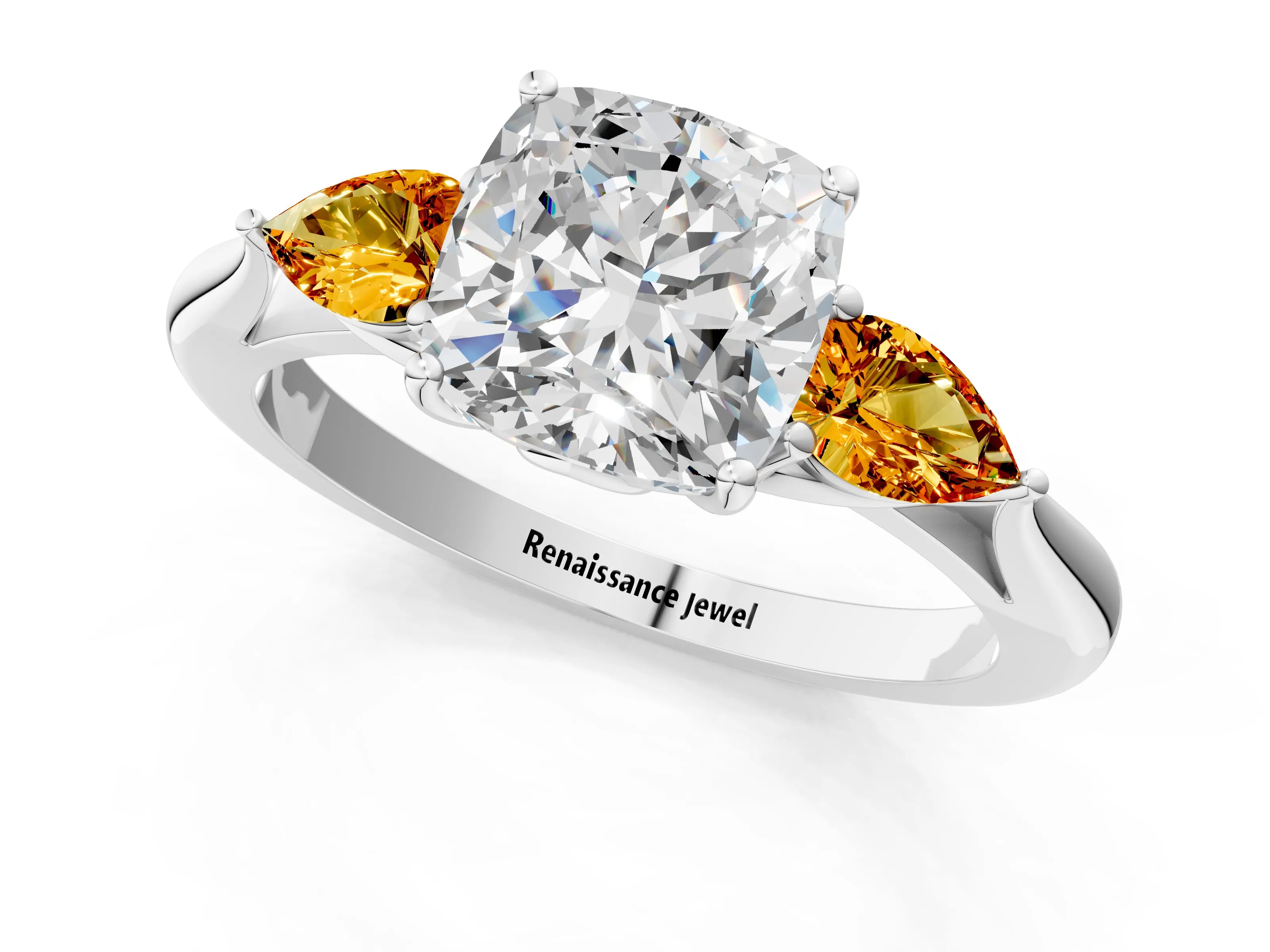 White gold Cushion Cut Diamond Three-Stone Ring with Pear with Citrine side stone Side Stones and Prong Setting_60