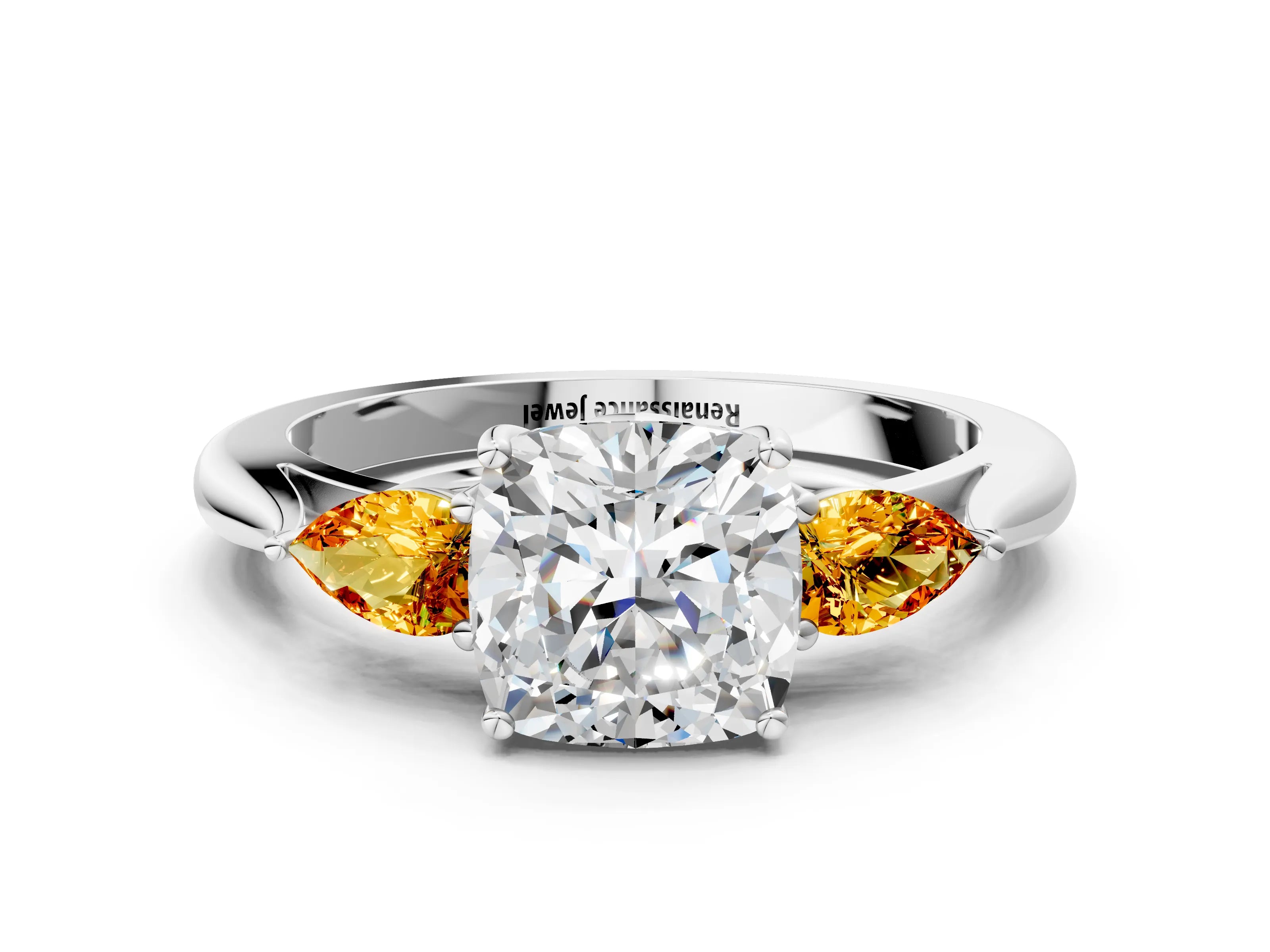 White gold Cushion Cut Diamond Three-Stone Ring with Pear with Citrine side stone Side Stones and Prong Setting_78