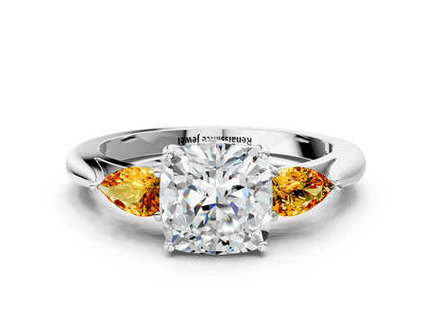 White gold Cushion Cut Diamond Three-Stone Ring with Pear with Citrine side stone Side Stones and Prong Setting_78