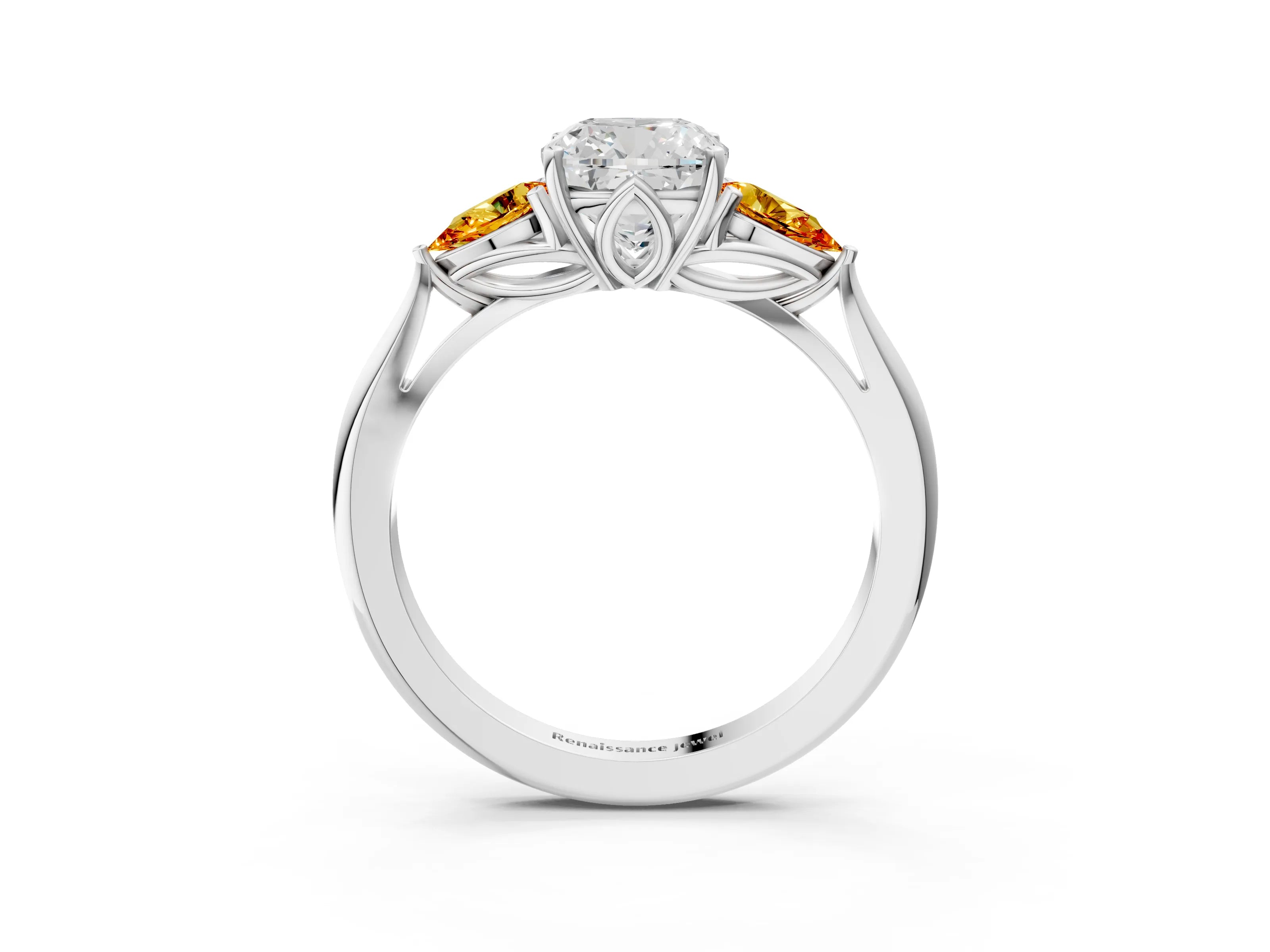 White gold Cushion Cut Diamond Three-Stone Ring with Pear with Citrine side stone Side Stones and Prong Setting_81