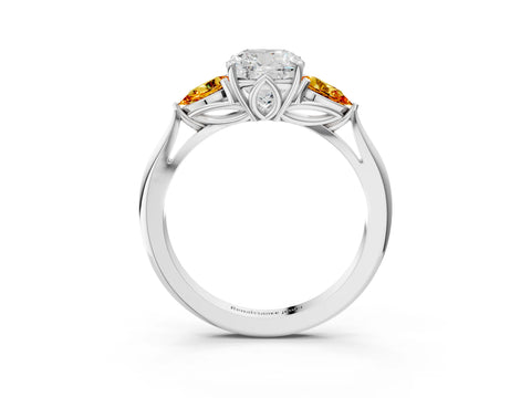White gold Cushion Cut Diamond Three-Stone Ring with Pear with Citrine side stone Side Stones and Prong Setting_81