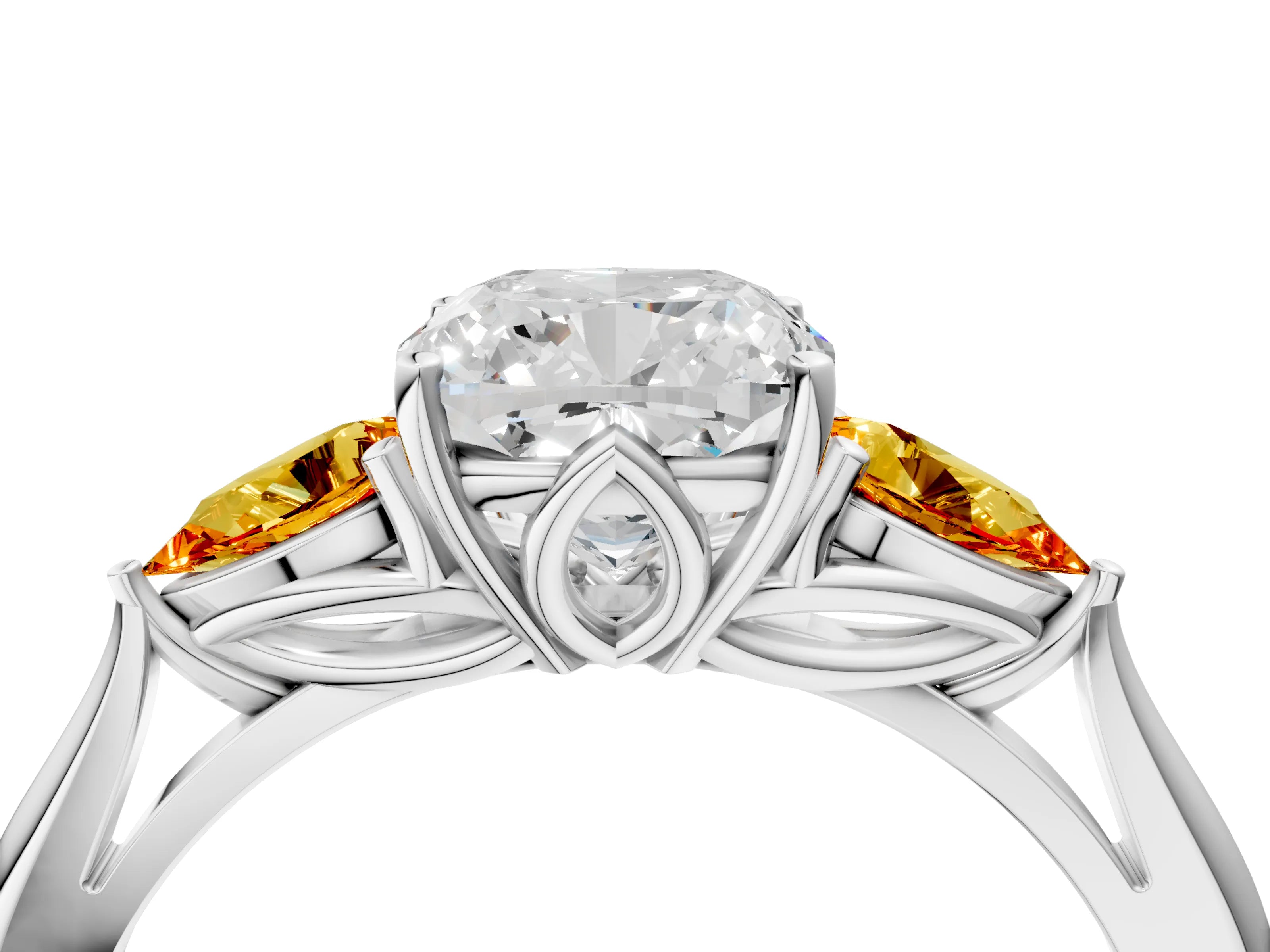 White gold Cushion Cut Diamond Three-Stone Ring with Pear with Citrine side stone Side Stones and Prong Setting_82