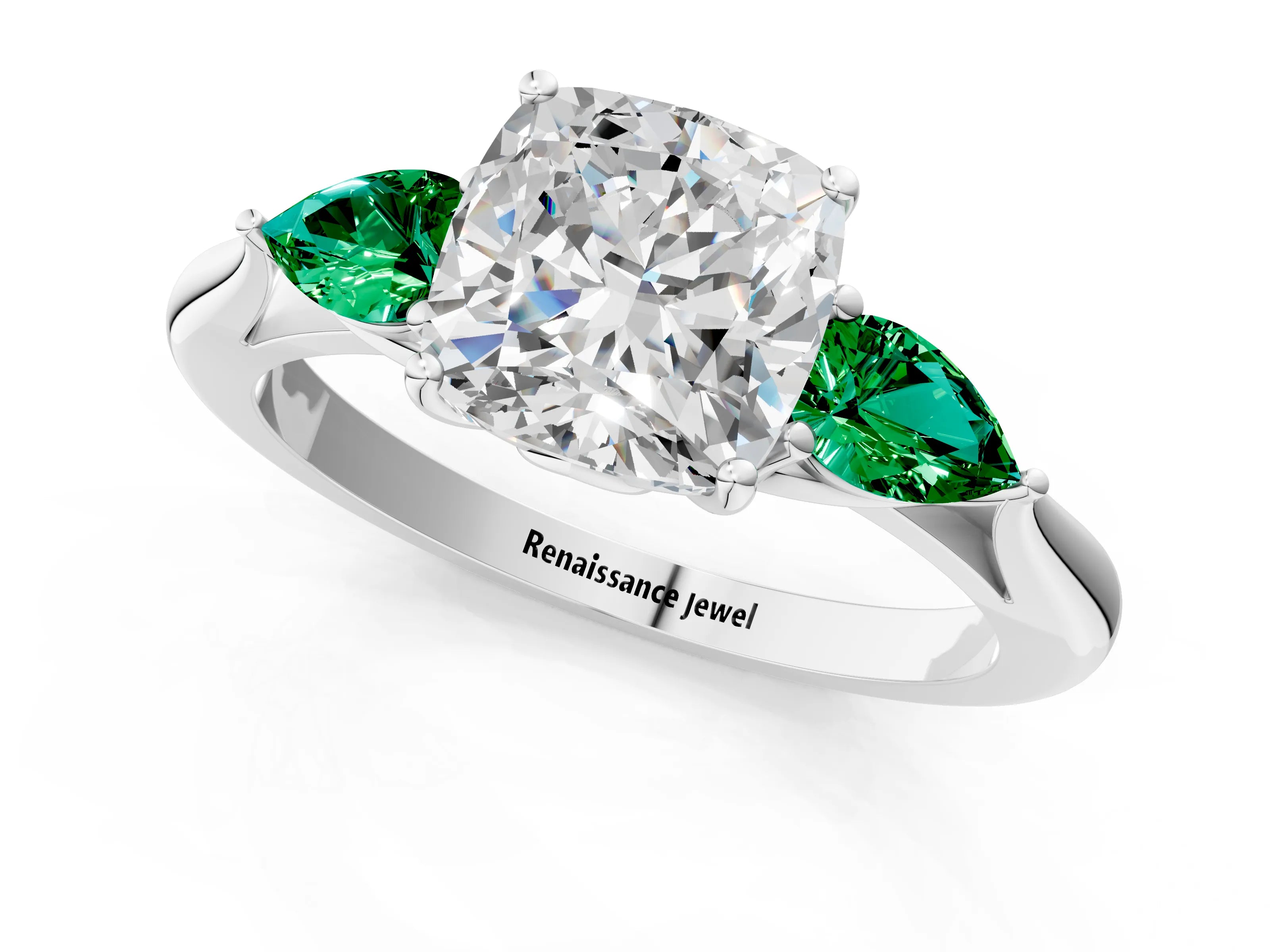 White gold Cushion Cut Diamond Three-Stone Ring with Pear with Emerald side stone Side Stones and Prong Setting_49