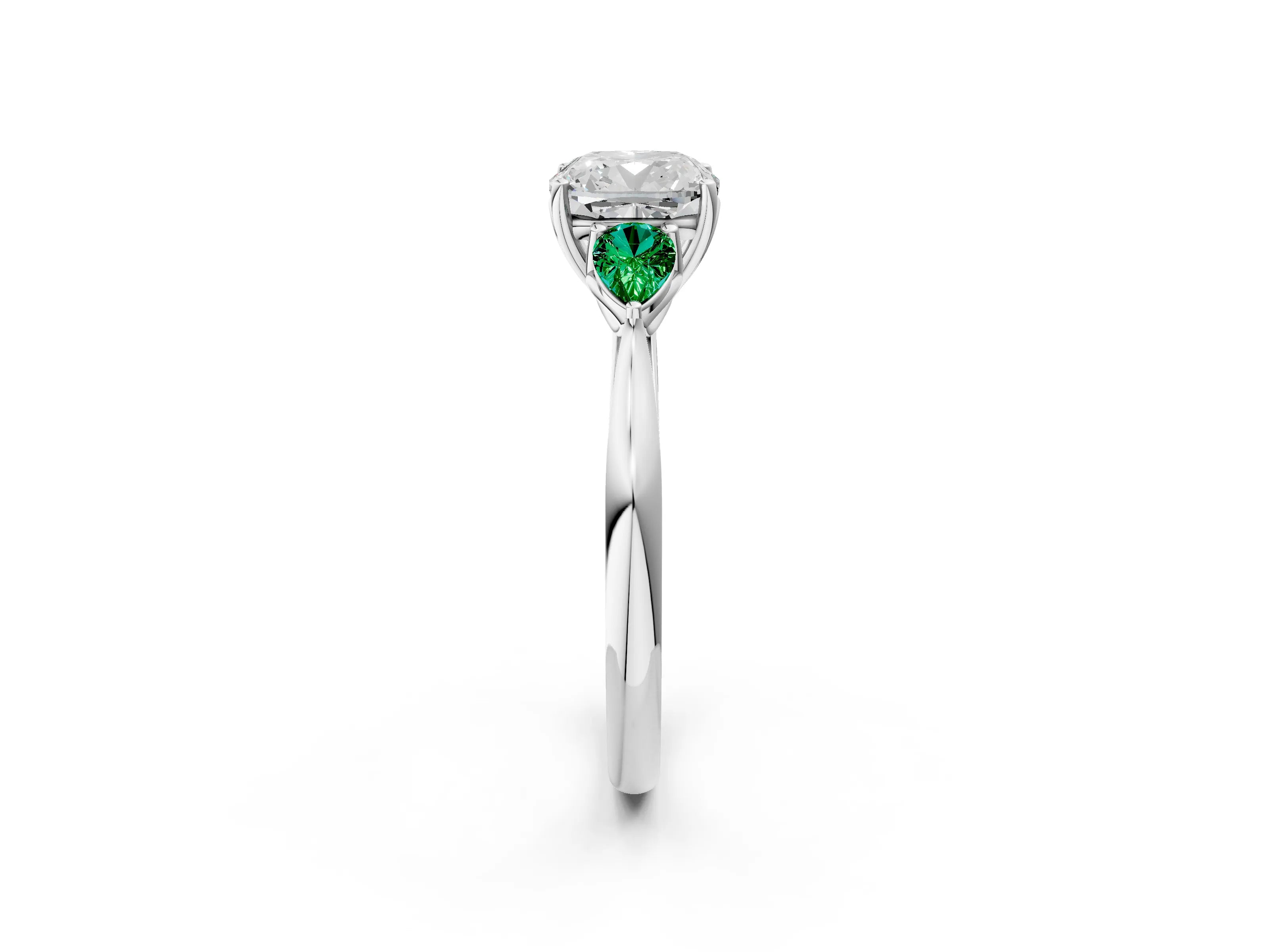 White gold Cushion Cut Diamond Three-Stone Ring with Pear with Emerald side stone Side Stones and Prong Setting_50