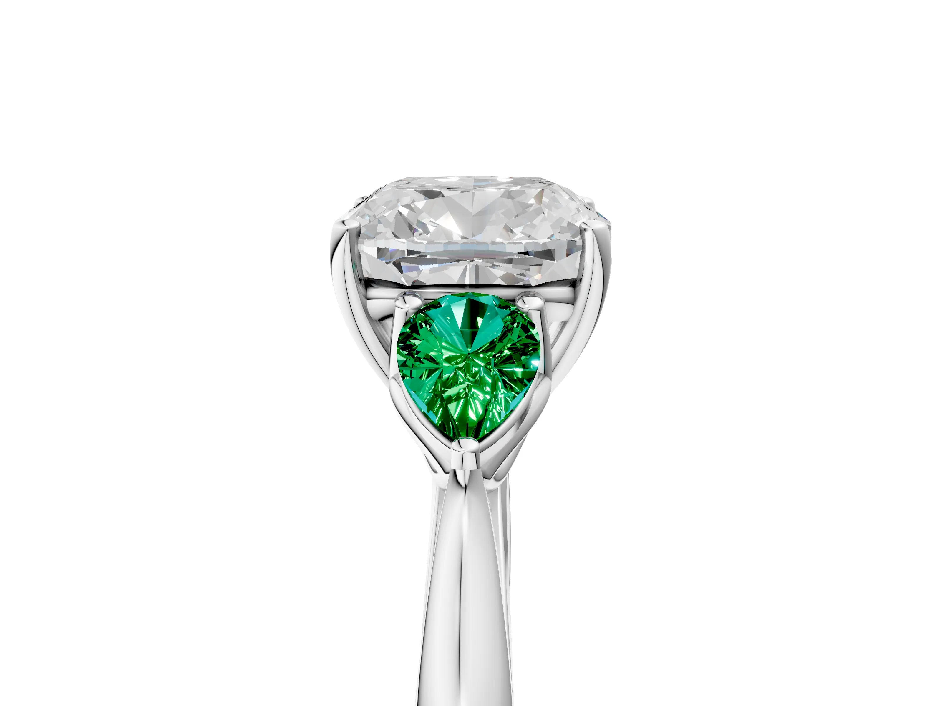 White gold Cushion Cut Diamond Three-Stone Ring with Pear with Emerald side stone Side Stones and Prong Setting_53