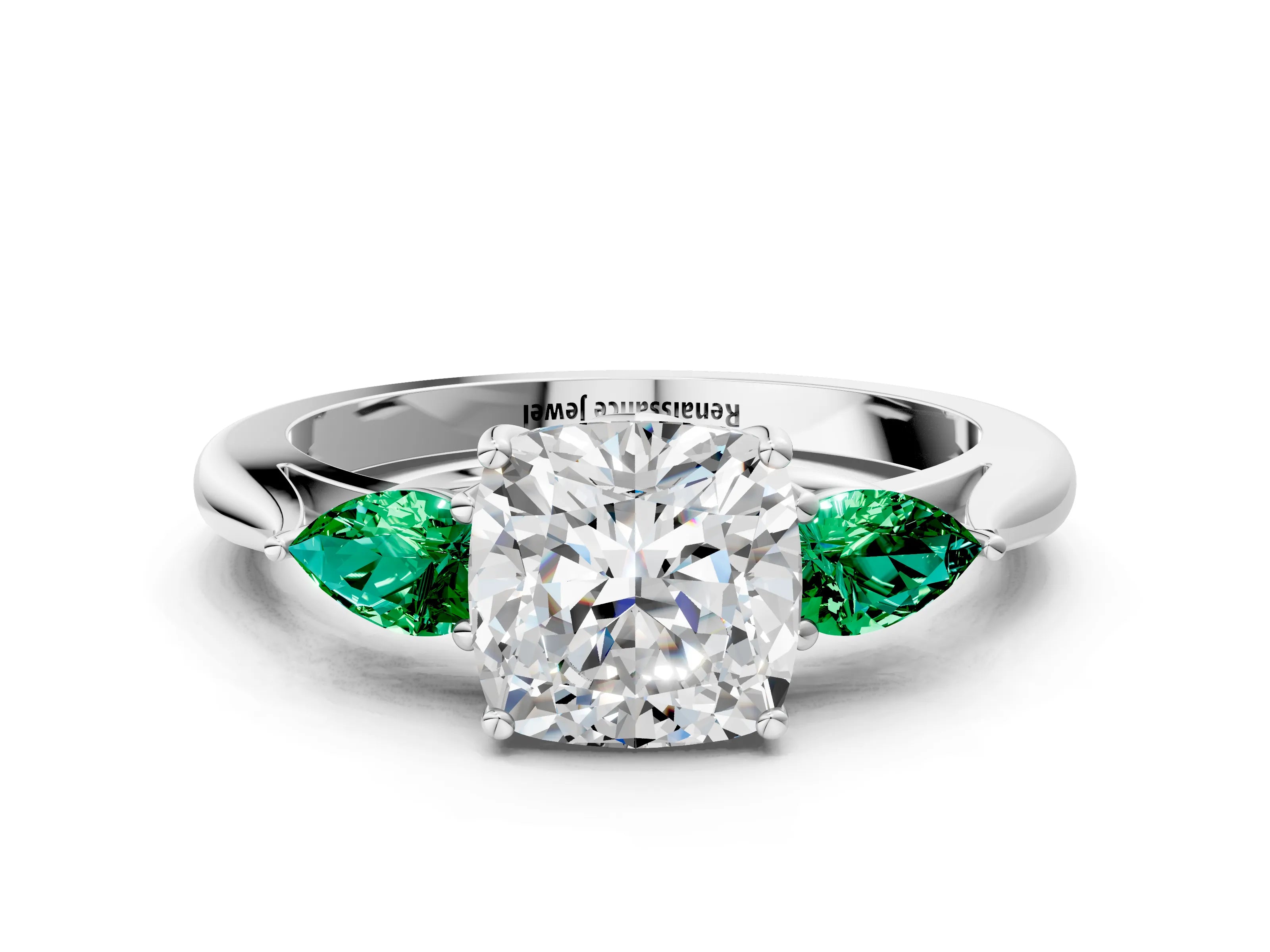 White gold Cushion Cut Diamond Three-Stone Ring with Pear with Emerald side stone Side Stones and Prong Setting_72