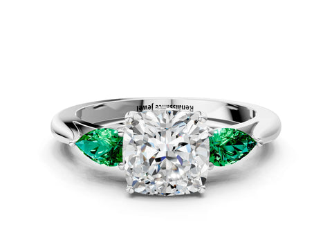 White gold Cushion Cut Diamond Three-Stone Ring with Pear with Emerald side stone Side Stones and Prong Setting_72