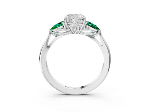 White gold Cushion Cut Diamond Three-Stone Ring with Pear with Emerald side stone Side Stones and Prong Setting_75