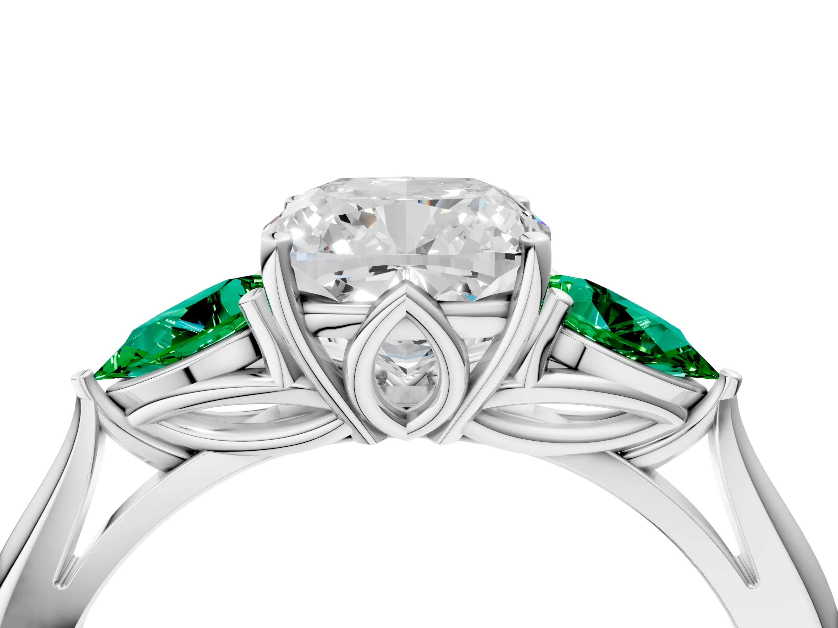 White gold Cushion Cut Diamond Three-Stone Ring with Pear with Emerald side stone Side Stones and Prong Setting_76