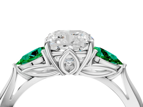White gold Cushion Cut Diamond Three-Stone Ring with Pear with Emerald side stone Side Stones and Prong Setting_76