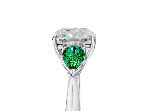 White gold Cushion Cut Diamond Three-Stone Ring with Pear with Emerald side stone Side Stones and Prong Setting_77