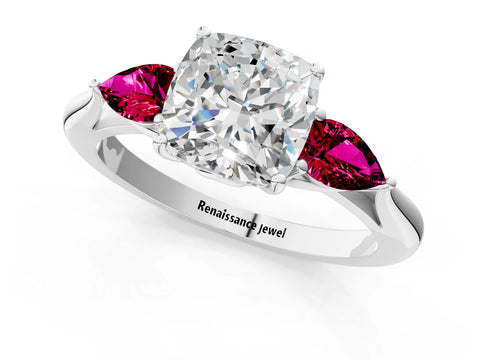 White gold Cushion Cut Diamond Three-Stone Ring with Pear with Garnet side stone Side Stones and Prong Setting_25