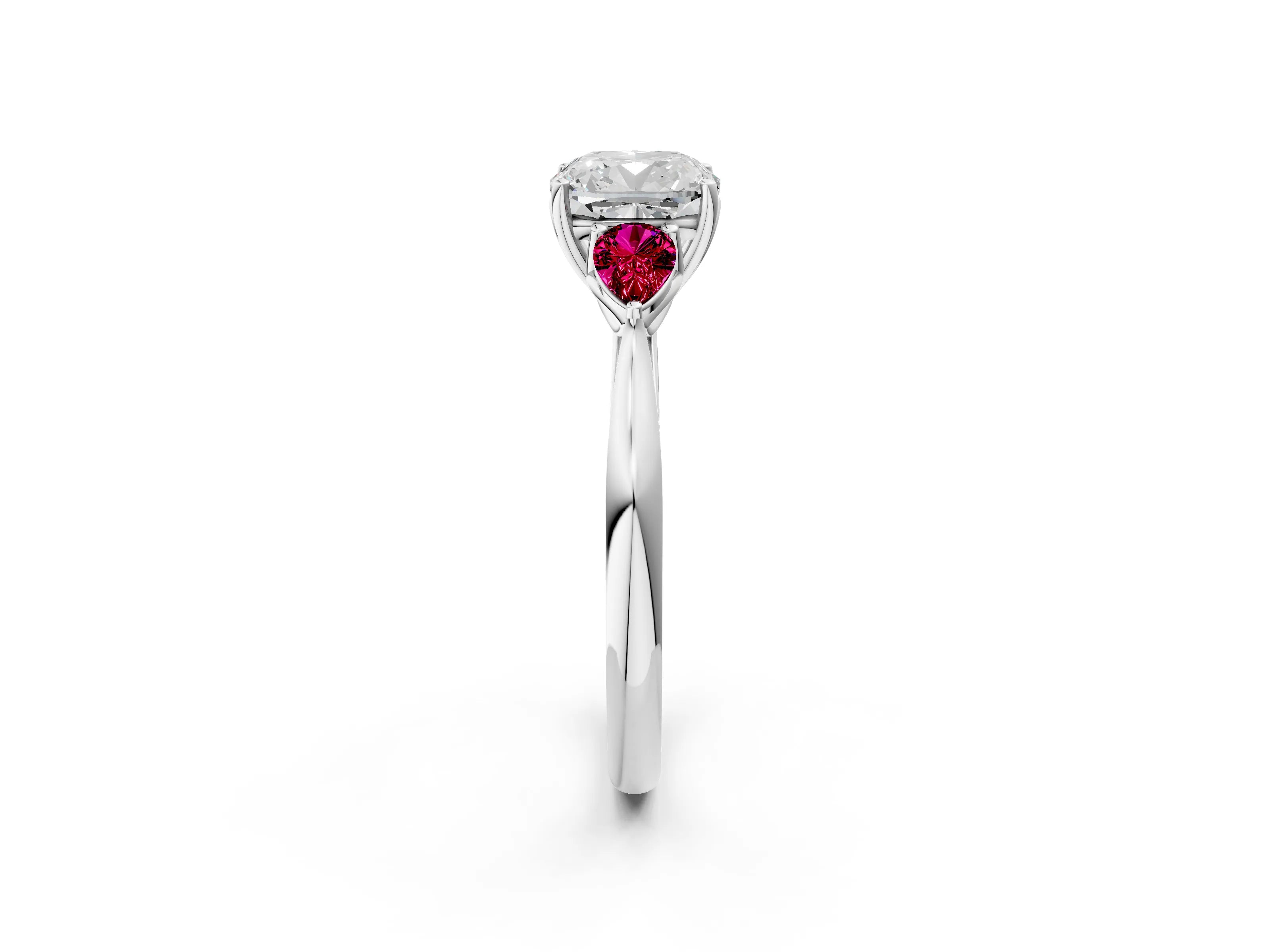 White gold Cushion Cut Diamond Three-Stone Ring with Pear with Garnet side stone Side Stones and Prong Setting_26
