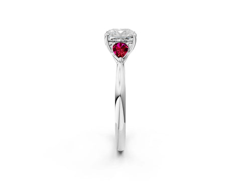 White gold Cushion Cut Diamond Three-Stone Ring with Pear with Garnet side stone Side Stones and Prong Setting_26