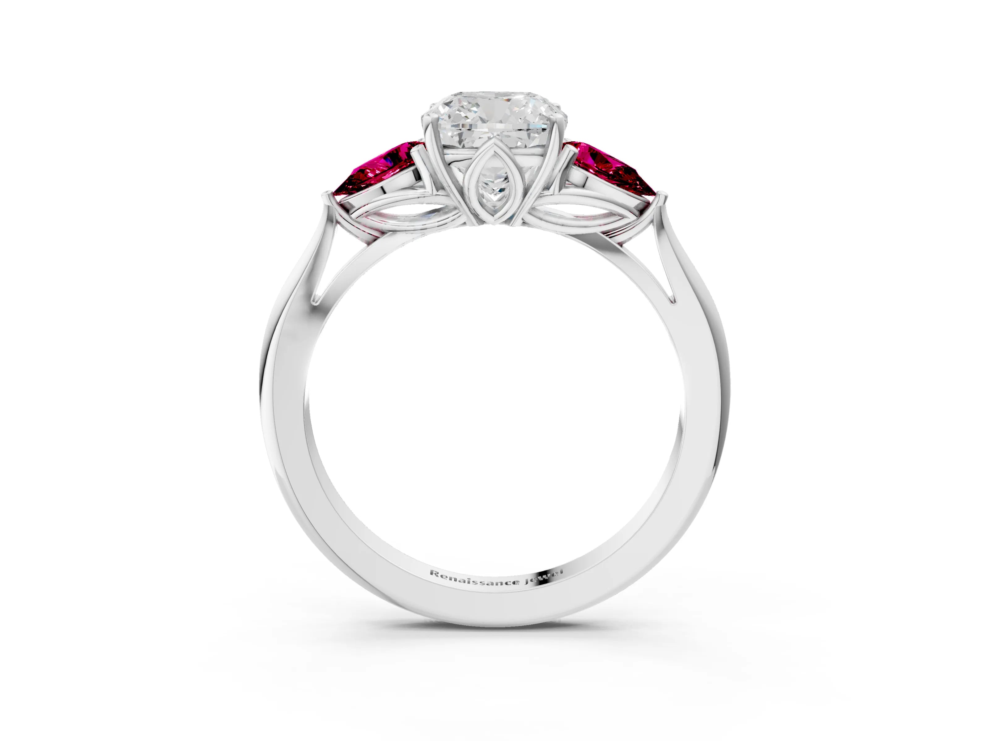 White gold Cushion Cut Diamond Three-Stone Ring with Pear with Garnet side stone Side Stones and Prong Setting_27