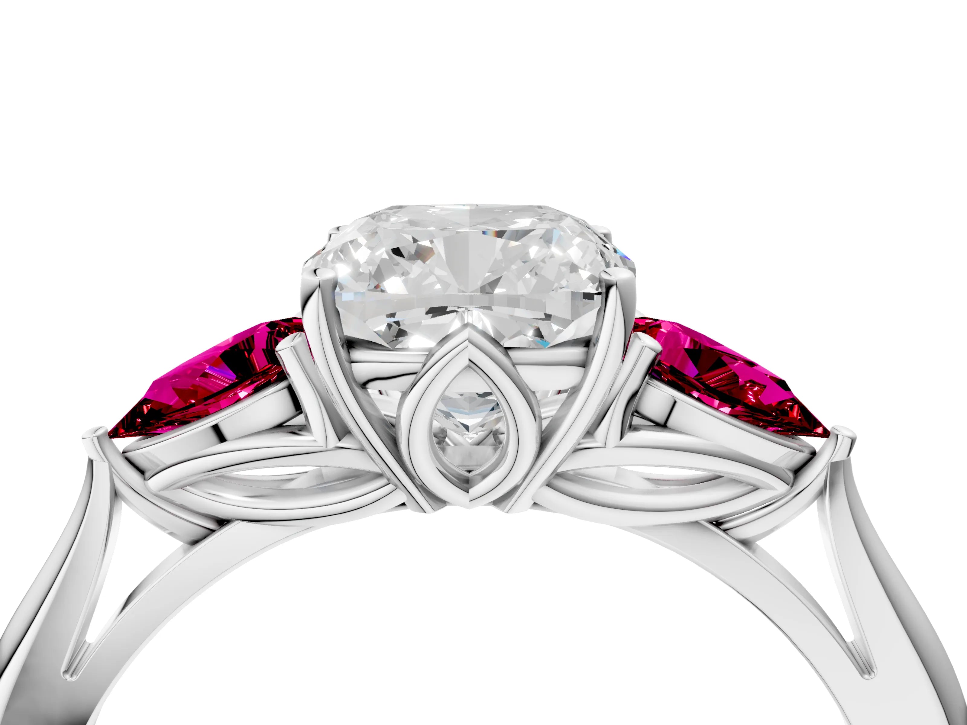 White gold Cushion Cut Diamond Three-Stone Ring with Pear with Garnet side stone Side Stones and Prong Setting_28