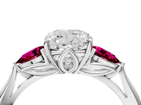 White gold Cushion Cut Diamond Three-Stone Ring with Pear with Garnet side stone Side Stones and Prong Setting_28