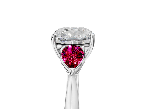 White gold Cushion Cut Diamond Three-Stone Ring with Pear with Garnet side stone Side Stones and Prong Setting_29