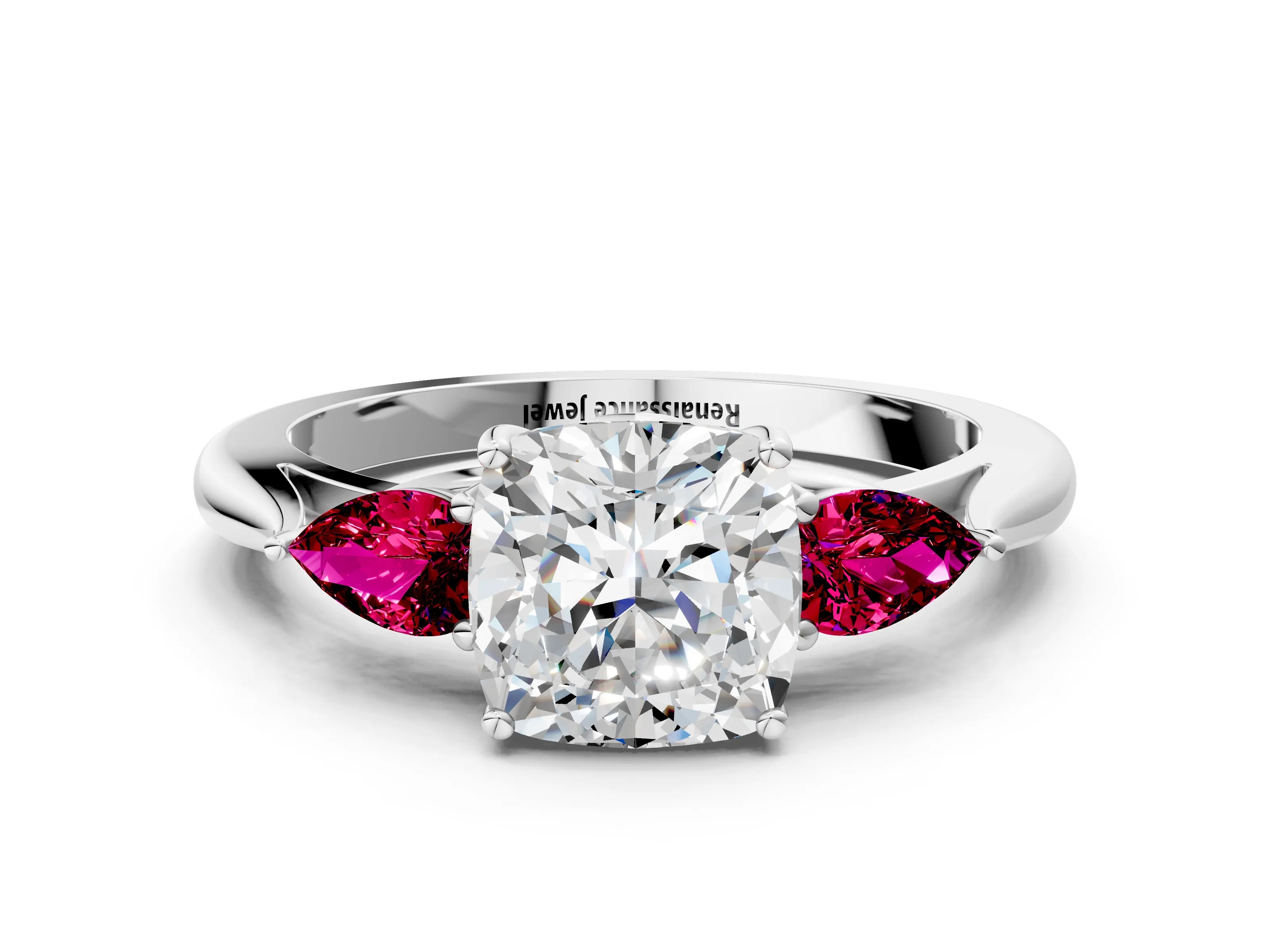 White gold Cushion Cut Diamond Three-Stone Ring with Pear with Garnet side stone Side Stones and Prong Setting_48